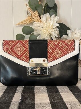Black Envelope Clutch with Red Woven Accent and White Trim